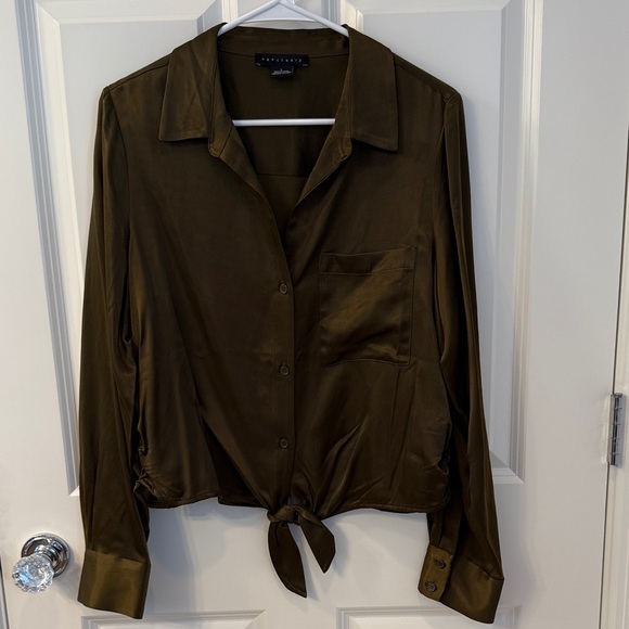 Sanctuary Tops - Sanctuary Dark Olive Button-Down Silk Blouse